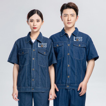 耀王 纯棉牛仔工作服夏季短袖套装男电工焊工汽修劳保服舒适透气耐磨防烫工作服 QCCQJ218180 2XL/180