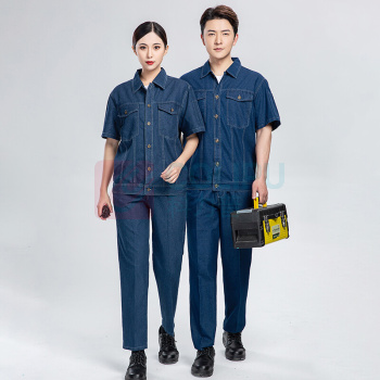 耀王 纯棉牛仔工作服夏季短袖套装男电工焊工汽修劳保服舒适透气耐磨防烫工作服 QCCQJ218180 3XL/185