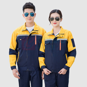 AETEL 长袖工作服套装男女劳保服春秋电焊工服汽修维修工装厂服 YGC8001 (藏蓝拼黄套装 可现做logo)