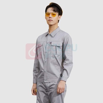 耐典 夏季纯棉透气工作服短袖套装长袖男女电工焊工劳保服工厂车间工装 ND-201 (浅灰长袖套装) 可现做logo