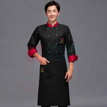 谦创诚 春秋厨师服 男长袖套装 长袖上衣+围裙 WB-KDC XL (黑) 偏远地区不包邮
