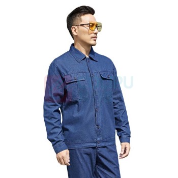 AETEL 工作服套装男女夏季牛仔长袖工程服汽修服电工电焊维修劳保服现做logo SC6217C 靛蓝色夏长套装
