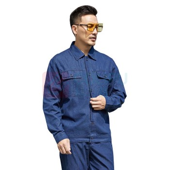 AETEL 工作服套装男女夏季牛仔长袖工程服汽修服电工电焊维修劳保服现做logo SC6217C 靛蓝色夏长套装