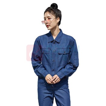 AETEL 工作服套装男女夏季牛仔长袖工程服汽修服电工电焊维修劳保服现做logo SC6217C 靛蓝色夏长套装
