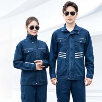谦创诚 牛仔服春秋长袖套装男耐磨防烫铸造电焊反光条牛仔劳保工作服